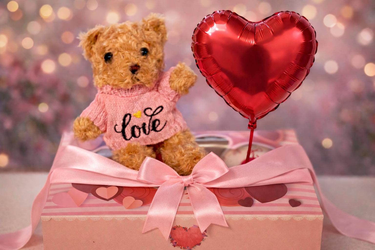 Love-themed surprise box with teddy bear and heart balloon